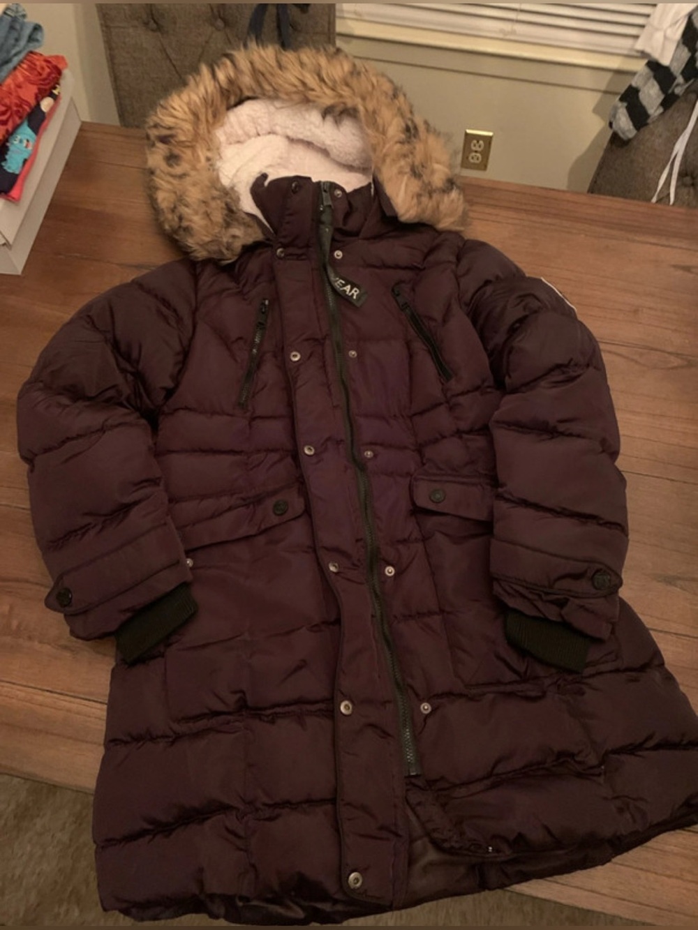 Rocawear Women's Deep Plum Long Puffer Coat with Faux-Fur Trim